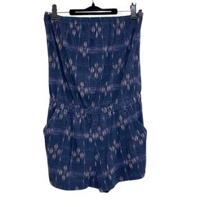 Strapless Ikat Geometric Print Romper Navy Blue Cinch Waist Pockets –Route 66, S